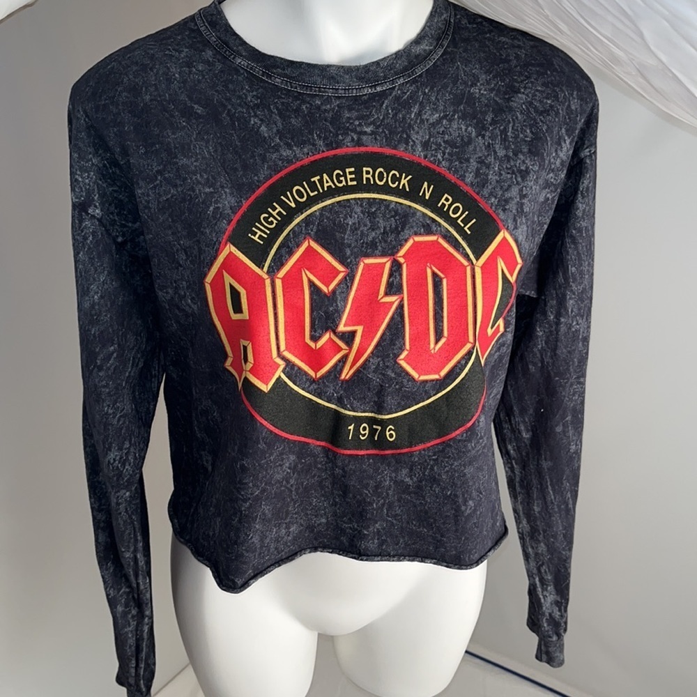 AC/DC acid washed cropped long sleeve t-shirt L
